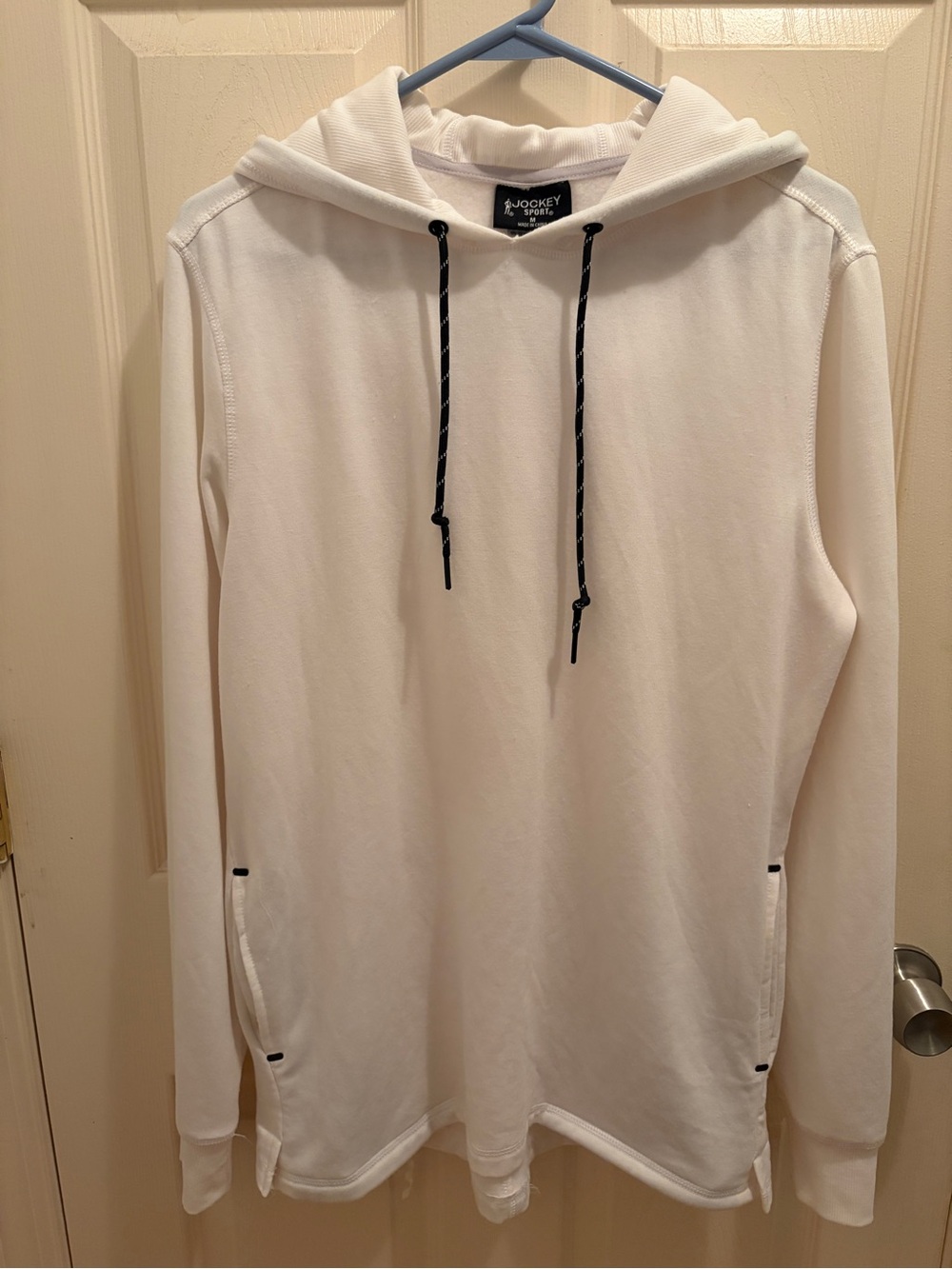 Jockey Sport Men’s M White Pullover Hoodie Soft Stretch Hidden Pockets